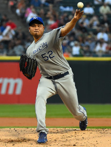 Jul 22, 2014; Chicago, IL, USA; Kansas City Royals starting pitcher Bruce  Chen (52) throws a pitch against the Chicago White Sox during the first inning at U.S Cellular Field. Mandatory Credit: Mike DiNovo-USA TODAY Sports