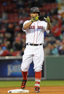 Jun 2, 2015; Boston, MA, USA; Boston Red Sox first baseman Mike  Napoli (12) reacts after hitting a double during the second inning against the Minnesota Twins at Fenway Park. Mandatory Credit: Bob DeChiara-USA TODAY Sports