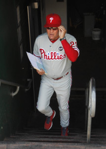 Jun 13, 2015; Pittsburgh, PA, USA; Philadelphia Phillies manager Ryne Sandberg (23) enters the dugout before playing the Pittsburgh Pirates at PNC Park. Mandatory Credit: Charles LeClaire-USA TODAY Sports