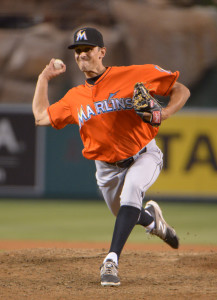 Aug 27, 2014; Anaheim, CA, USA; Miami Marlins reliever Steve Cishek (31) delivers a pitch against the Los Angeles Angels at Angel Stadium of Anaheim. The Angels defeated the Marlins 6-1. Mandatory Credit: Kirby Lee-USA TODAY Sports