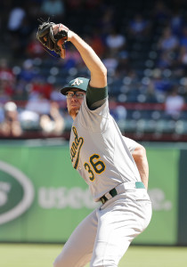 Jun 25, 2015; Arlington, TX, USA; Oakland Athletics pitcher Tyler Clippard (36) pitches in the ninth inning against the Texas Rangers at Globe Life Park in Arlington.  The Athletics beat the Rangers 6-3. Mandatory Credit: Matthew Emmons-USA TODAY Sports