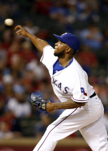 May 12, 2015; Arlington, TX, USA; Texas Rangers relief pitcher Neftali Feliz (30) throws a pitch in the ninth inning against the Kansas City Royals at Globe Life Park in Arlington. The Royals won 7-6 in 10 innings. Mandatory Credit: Tim Heitman-USA TODAY Sports